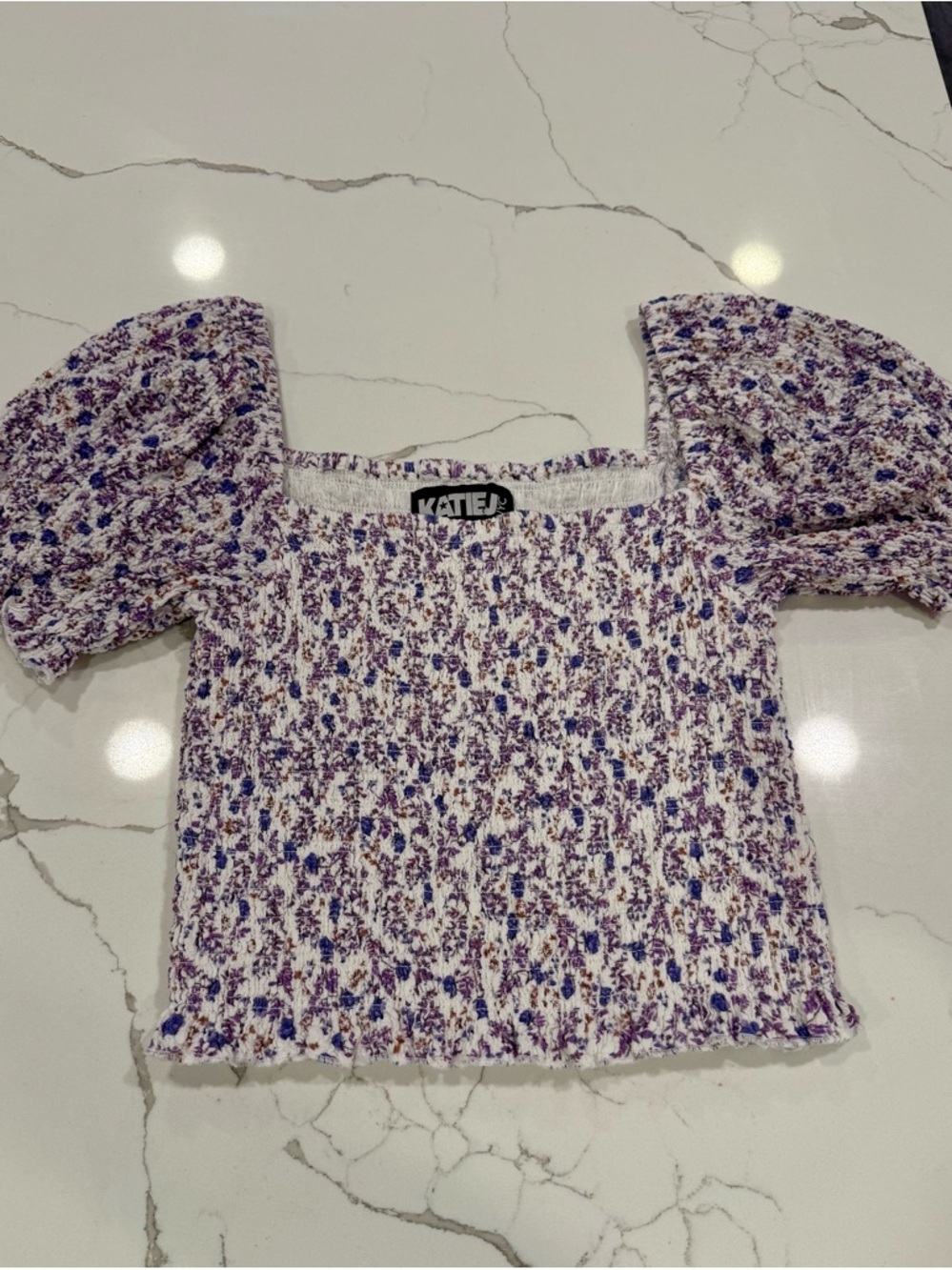 Katie J NYC White Floral Smocked Short Sleeve Top